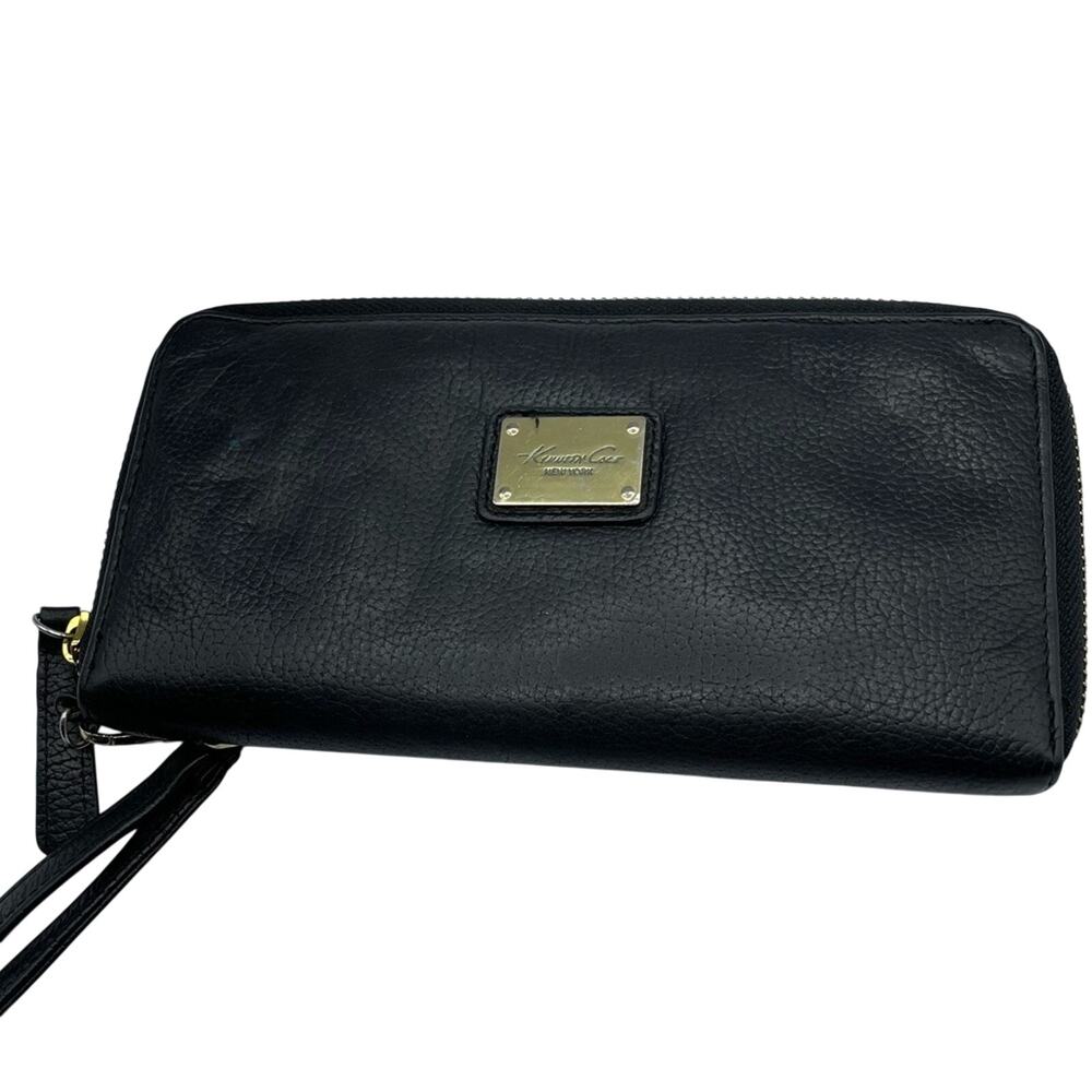 Kenneth Cole Black Leather Full Zip Wallet Gold Hardware Classic Womens